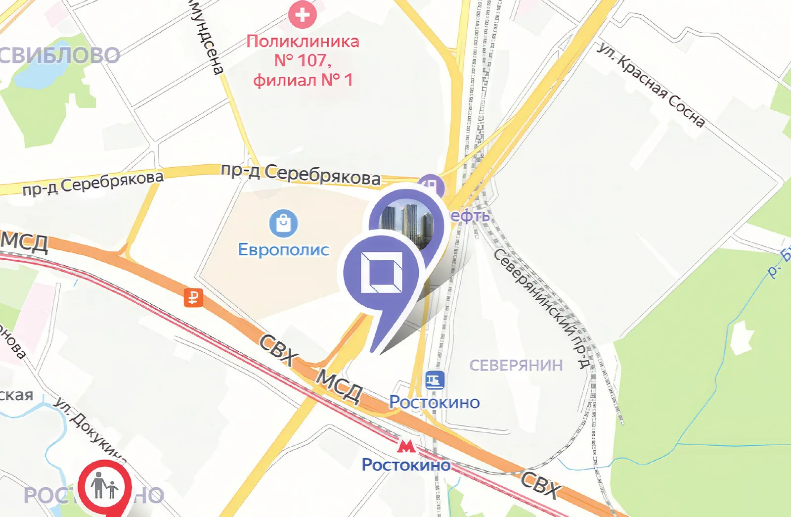 Карта: «Мираполис» рядом с МЦК «Ростокино», ТЦ «Европолис» и «Лосиным островом»